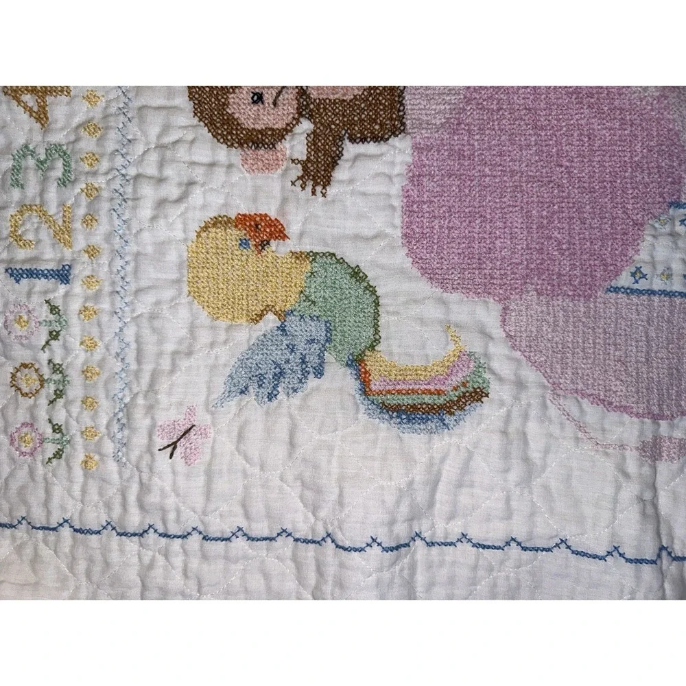 Vintage‎ Baby Quilt Wall Hanging Cross Stitch Embroidery Nursery Decor 42 X 33